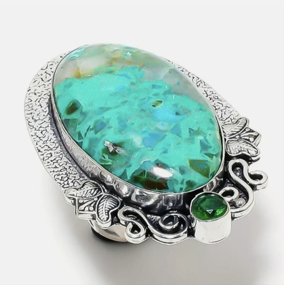 New Chrysocolla & Diopside 925 Silver Butterflies Statement Ring. - Picture 2 of 16